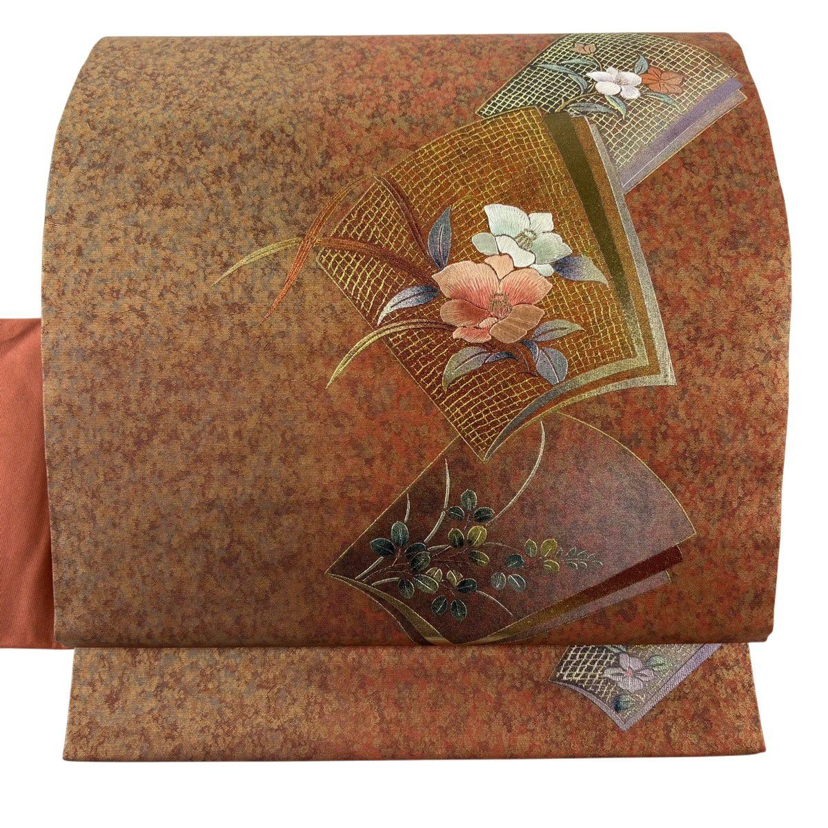 名古屋帶 秀品級 冊子 草花紋刺繡 金銀彩 茜 純蠶絲