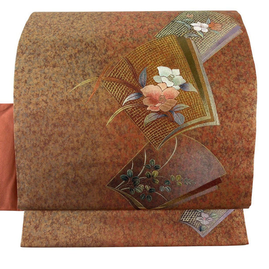 名古屋帶 秀品級 冊子 草花紋刺繡 金銀彩 茜 純蠶絲