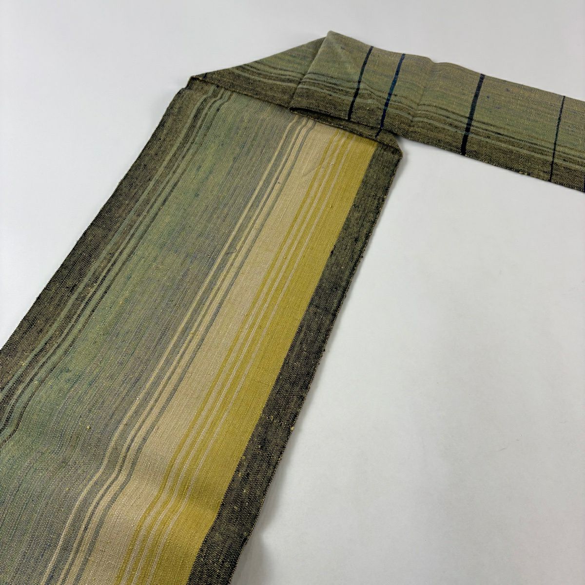 【美品】名古屋帶 秀品級 條紋 灰綠 純蠶絲