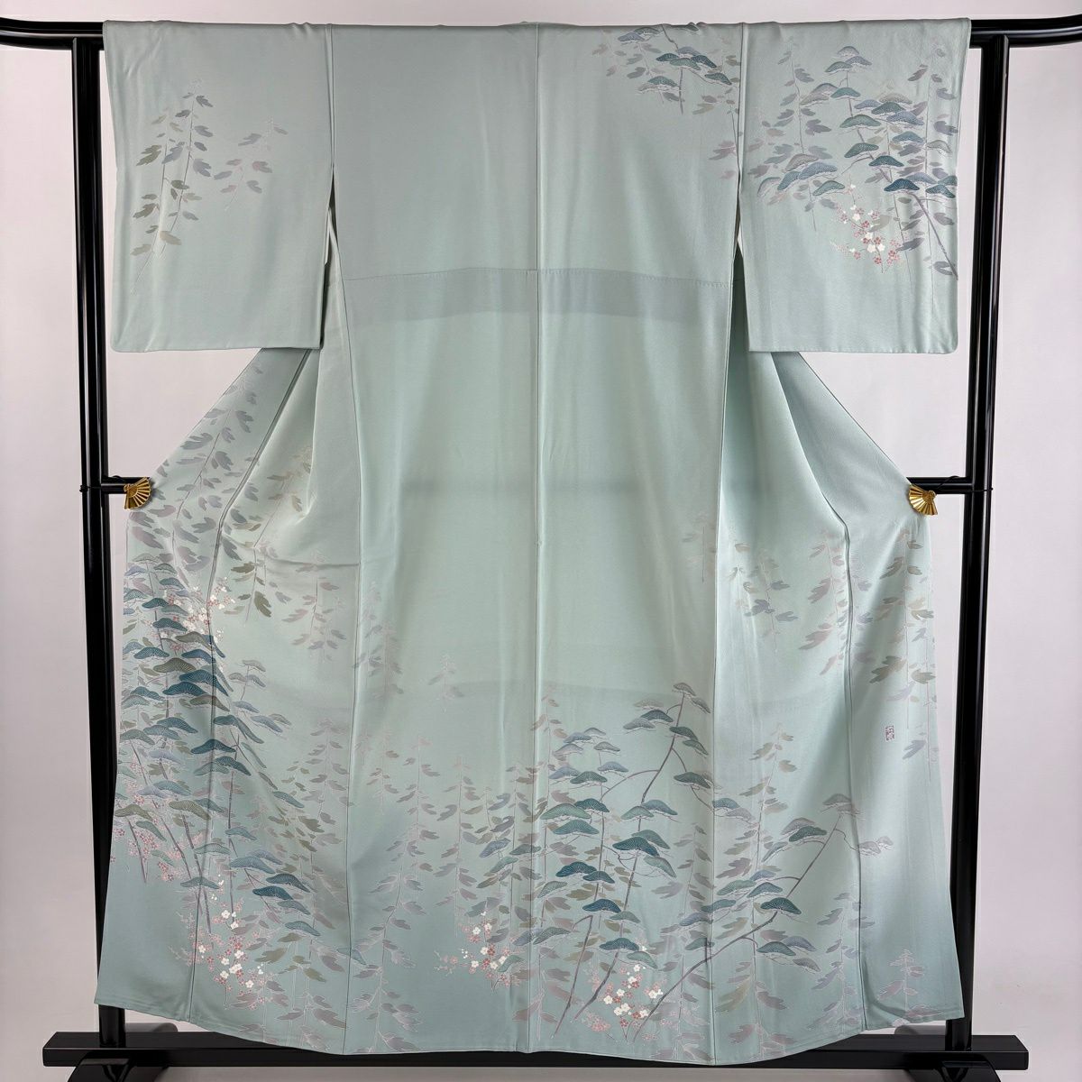 訪問服 身長156cm 袖長61.5cm S 雙層 落款あり 松樹 梅花 薄綠 純蠶絲 秀品級