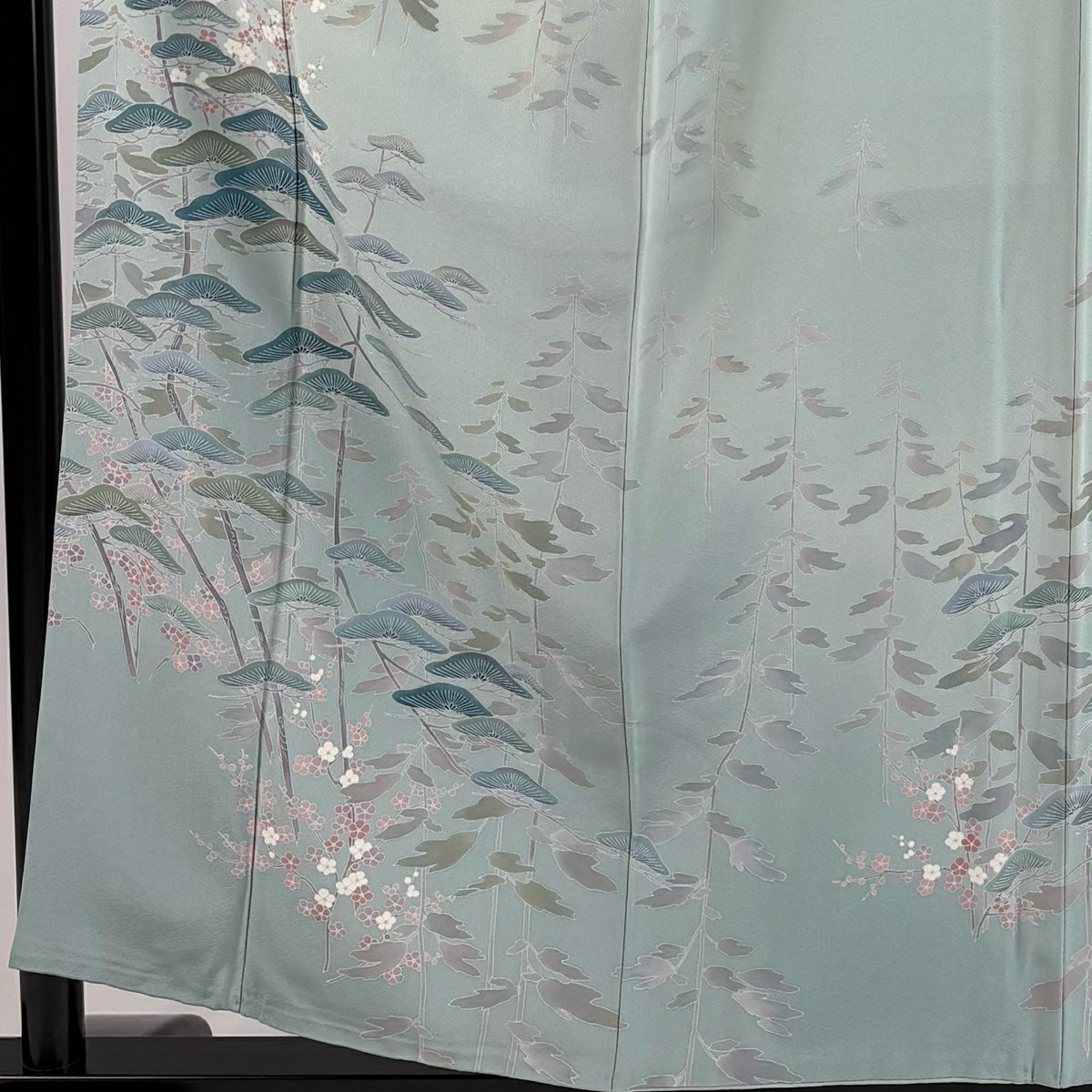 訪問服 身長156cm 袖長61.5cm S 雙層 落款あり 松樹 梅花 薄綠 純蠶絲 秀品級