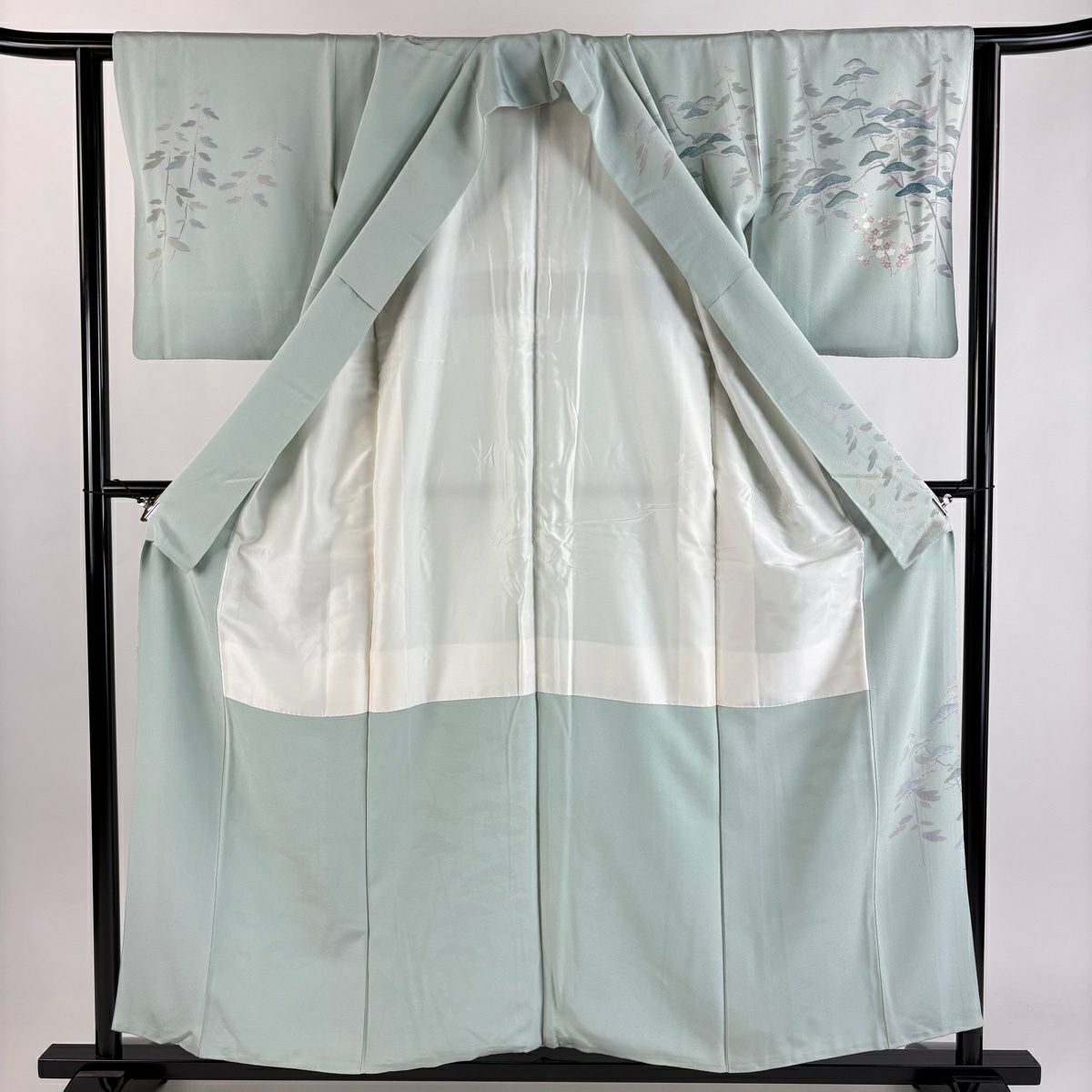 訪問服 身長156cm 袖長61.5cm S 雙層 落款あり 松樹 梅花 薄綠 純蠶絲 秀品級