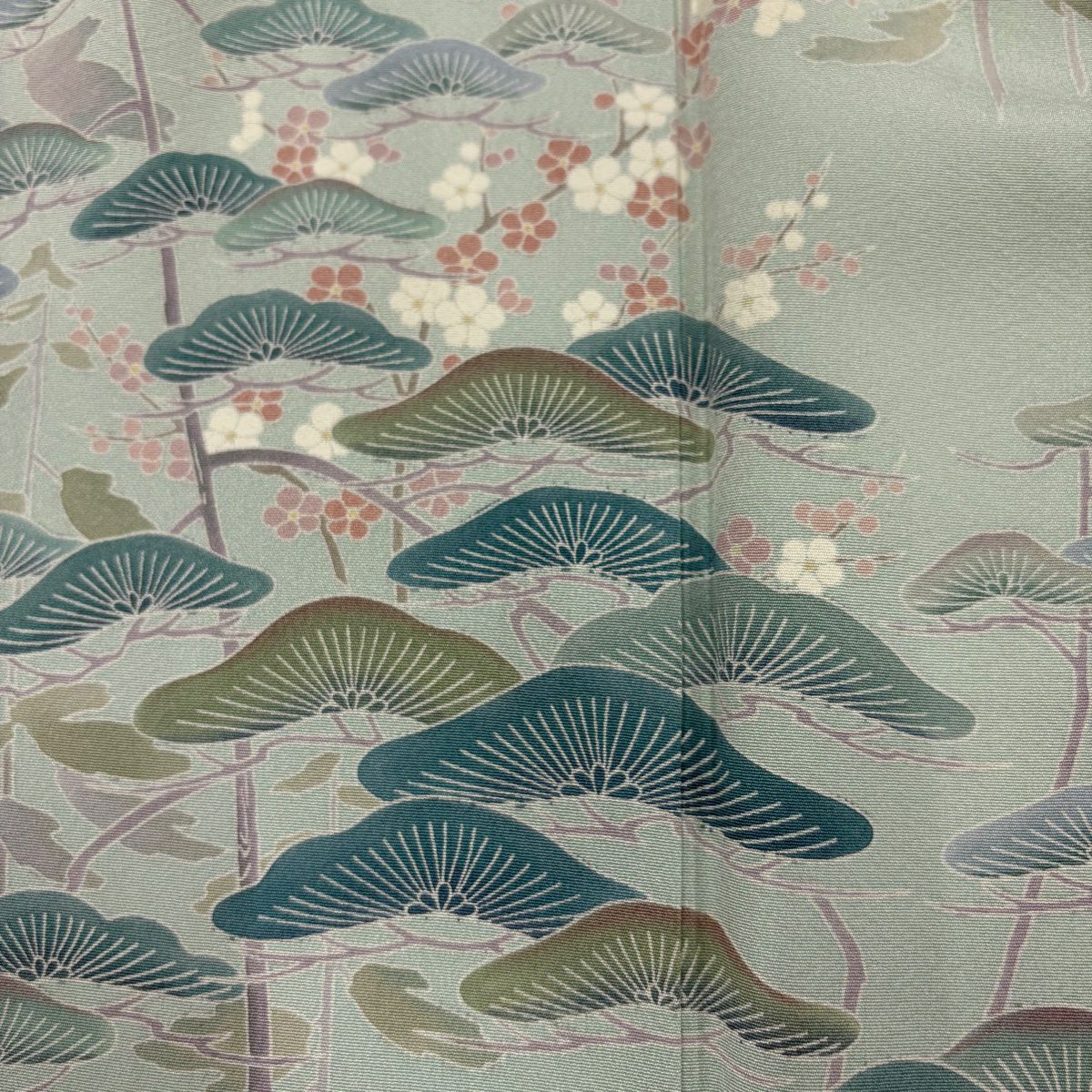 訪問服 身長156cm 袖長61.5cm S 雙層 落款あり 松樹 梅花 薄綠 純蠶絲 秀品級