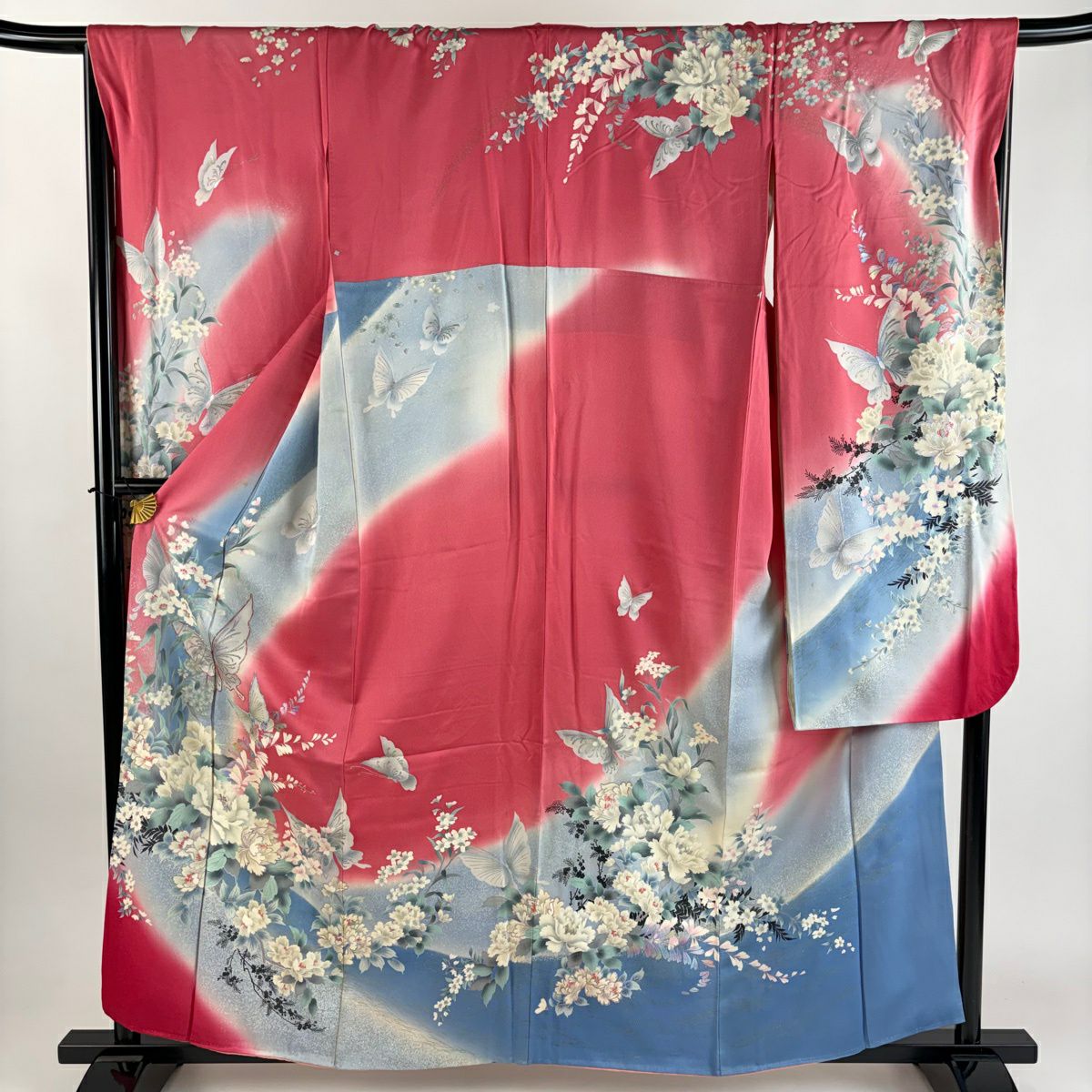 振袖禮服 身長158cm 袖長67cm M 雙層 蝶 草花紋紋 金銀彩 拉麵 粉紅 純蠶絲 秀品級