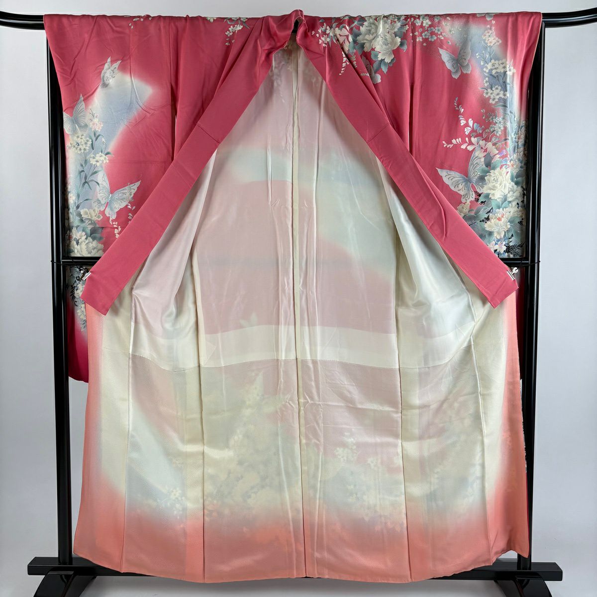 振袖禮服 身長158cm 袖長67cm M 雙層 蝶 草花紋紋 金銀彩 拉麵 粉紅 純蠶絲 秀品級