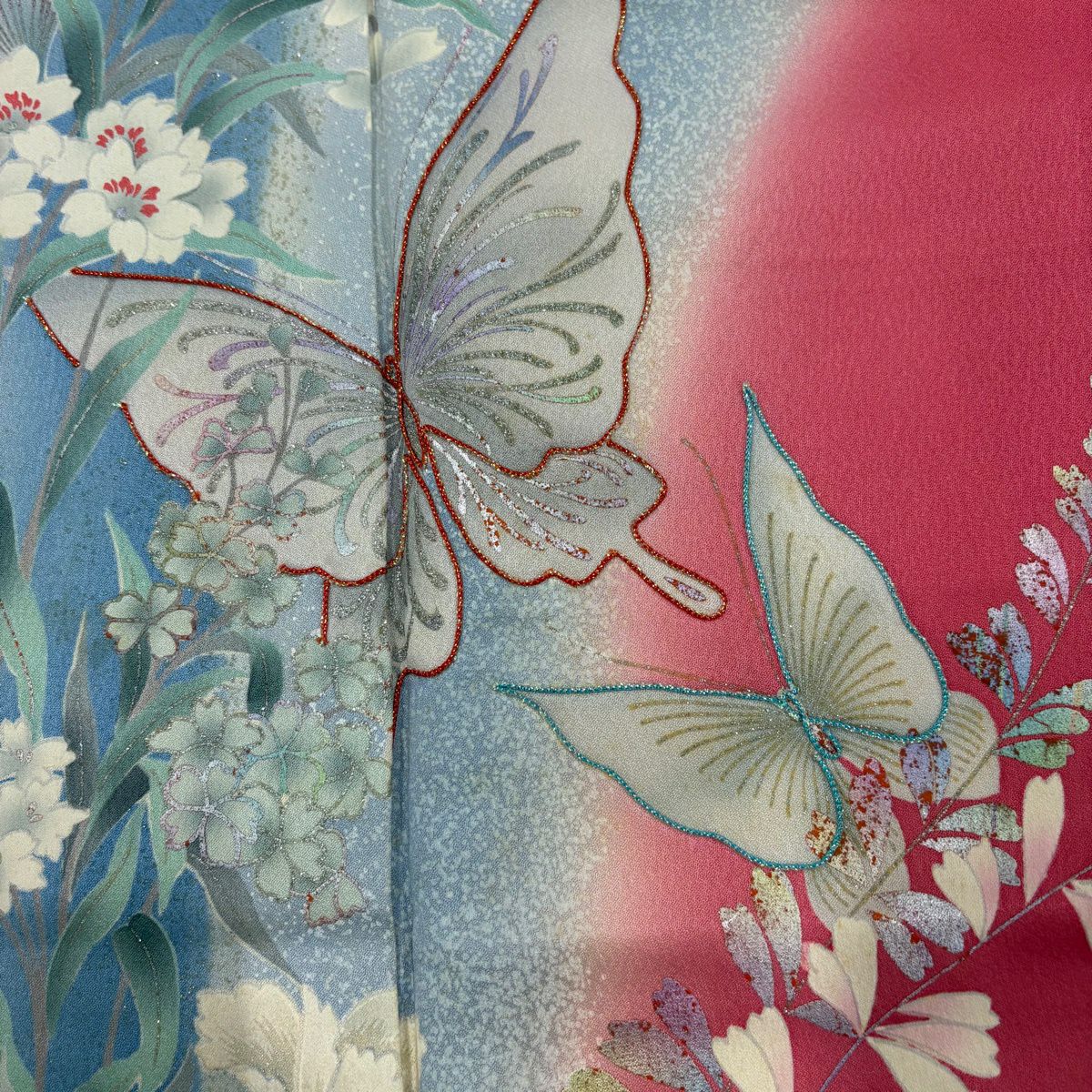 振袖禮服 身長158cm 袖長67cm M 雙層 蝶 草花紋紋 金銀彩 拉麵 粉紅 純蠶絲 秀品級
