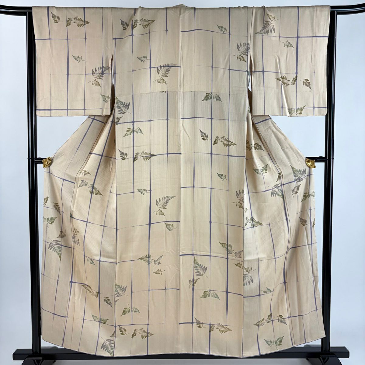 【美品】 小紋 身長155.5cm 袖長65.5cm M 雙層 格子 葉 金銀彩 米色 純蠶絲 優品級