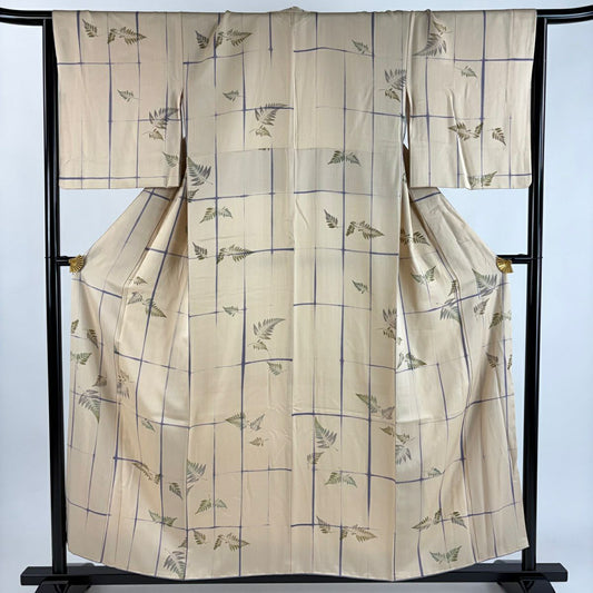 【美品】 小紋 身長155.5cm 袖長65.5cm M 雙層 格子 葉 金銀彩 米色 純蠶絲 優品級