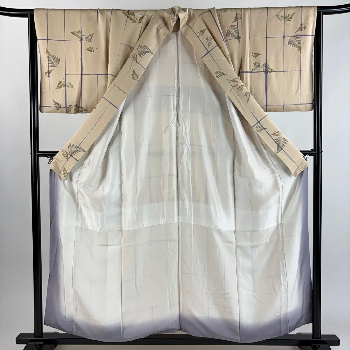 【美品】 小紋 身長155.5cm 袖長65.5cm M 雙層 格子 葉 金銀彩 米色 純蠶絲 優品級
