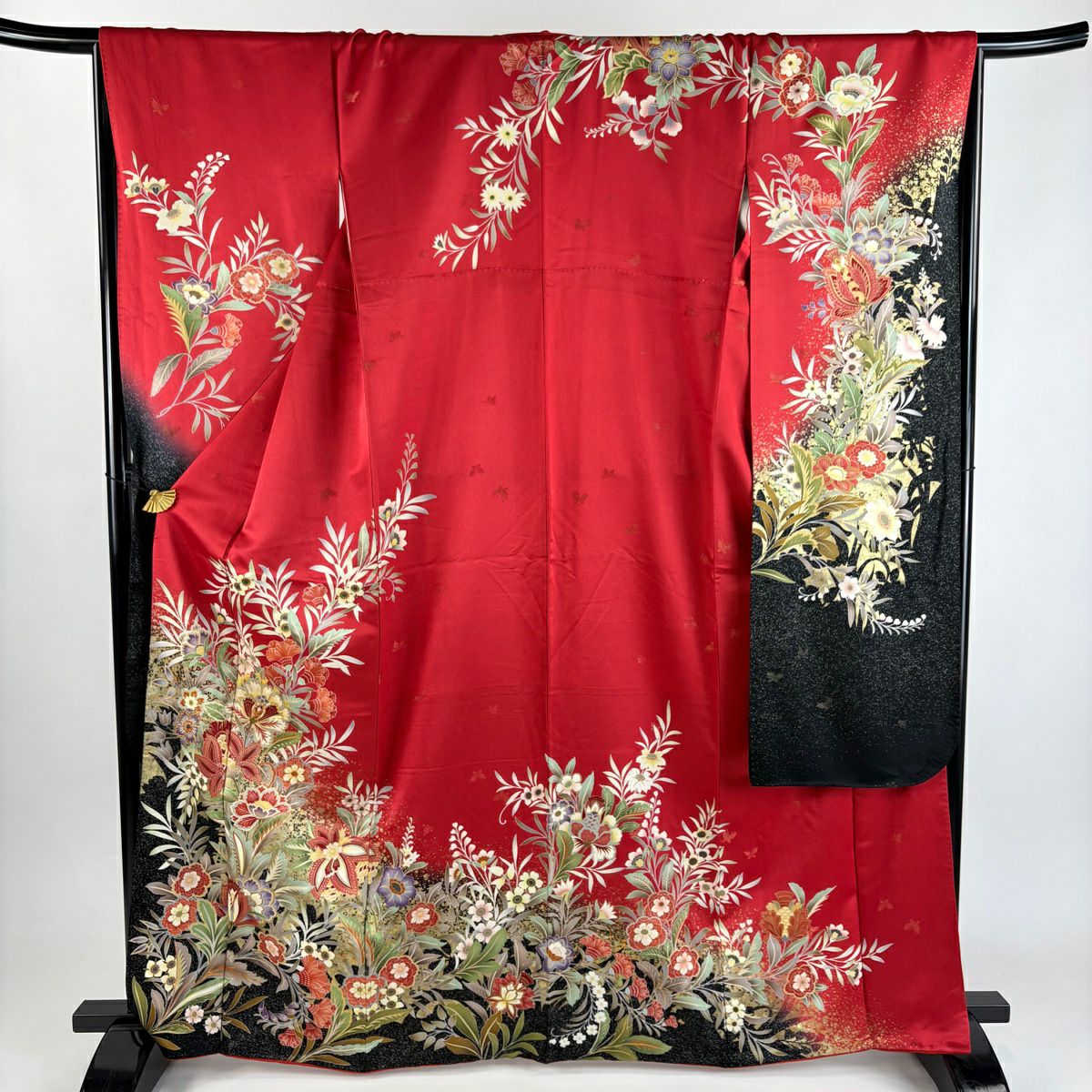 振袖禮服 身長166.5cm 袖長67.5cm L 雙層 草花紋紋 輪廓 金通 金銀彩 紅 純蠶絲 優品級