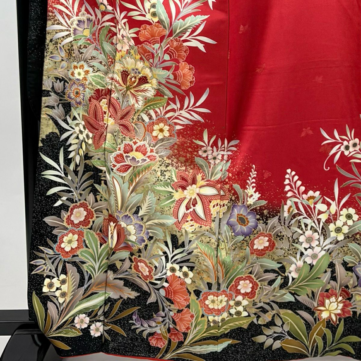 振袖禮服 身長166.5cm 袖長67.5cm L 雙層 草花紋紋 輪廓 金通 金銀彩 紅 純蠶絲 優品級