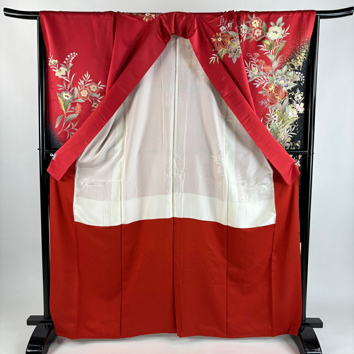 振袖禮服 身長166.5cm 袖長67.5cm L 雙層 草花紋紋 輪廓 金通 金銀彩 紅 純蠶絲 優品級