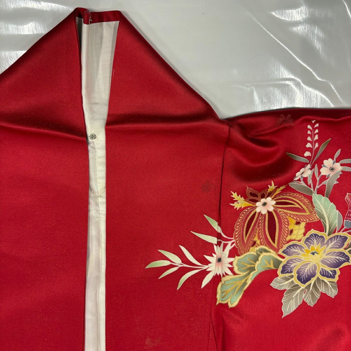 振袖禮服 身長166.5cm 袖長67.5cm L 雙層 草花紋紋 輪廓 金通 金銀彩 紅 純蠶絲 優品級