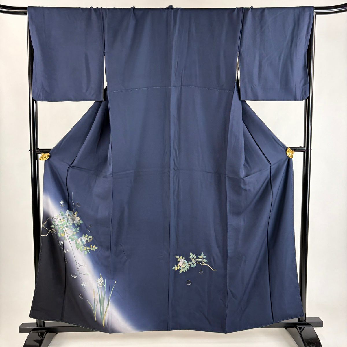 付下 身長160cm 袖長67.5cm L 雙層 枝花 雫 金銀彩 漸層 深藍 純蠶絲 優品級