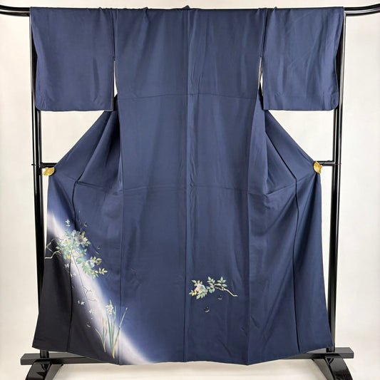 付下 身長160cm 袖長67.5cm L 雙層 枝花 雫 金銀彩 漸層 深藍 純蠶絲 優品級