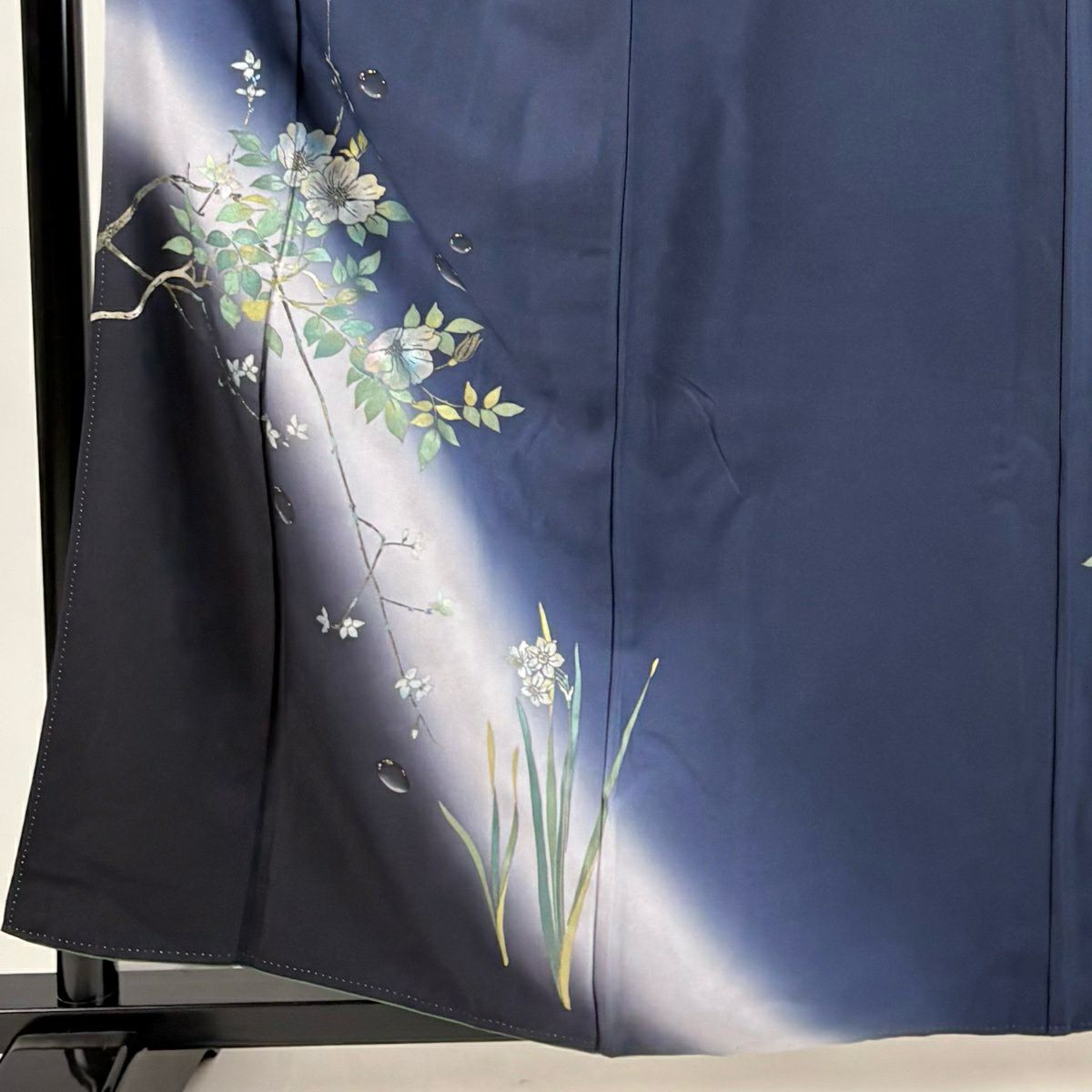 付下 身長160cm 袖長67.5cm L 雙層 枝花 雫 金銀彩 漸層 深藍 純蠶絲 優品級