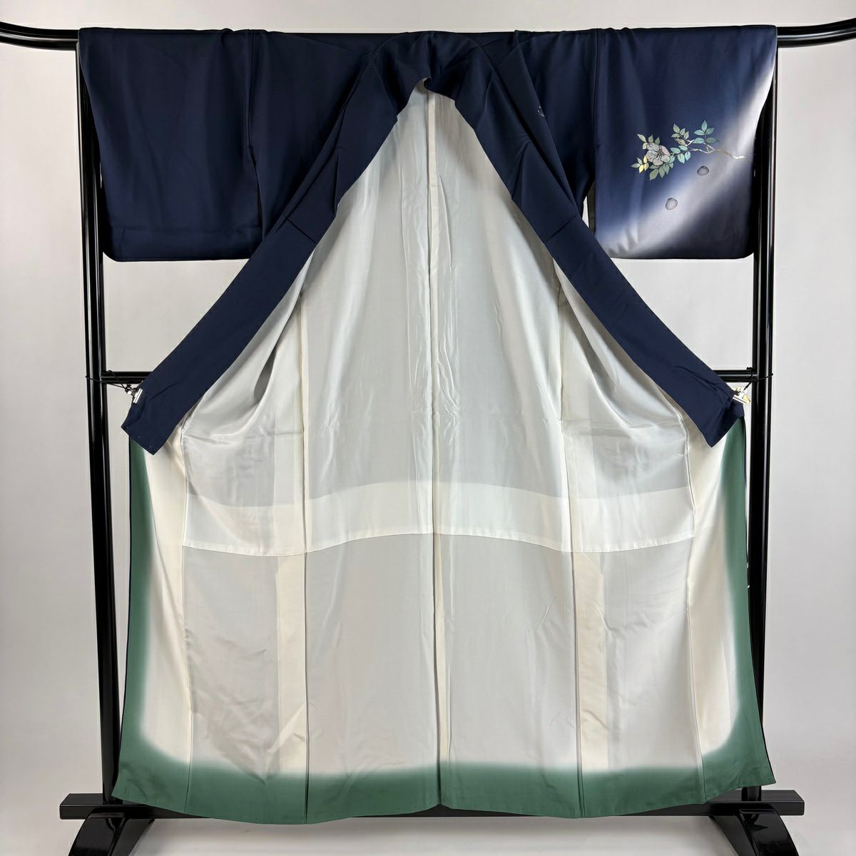 付下 身長160cm 袖長67.5cm L 雙層 枝花 雫 金銀彩 漸層 深藍 純蠶絲 優品級