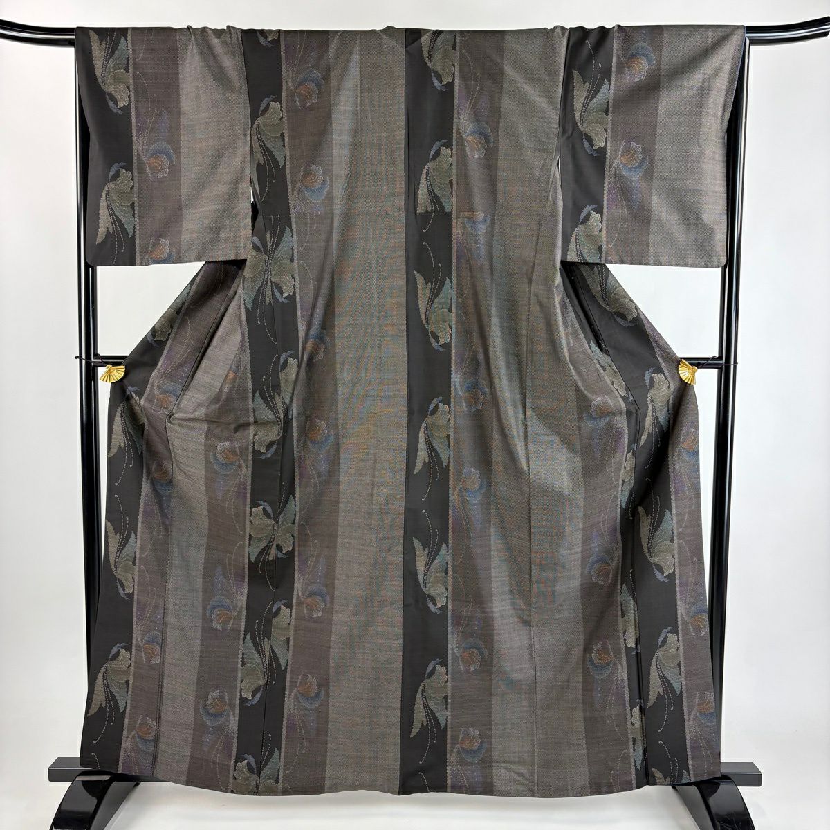 紬織 身長163.5cm 袖長67.5cm L 雙層 蝶 縱條 焦茶 純蠶絲 秀品級