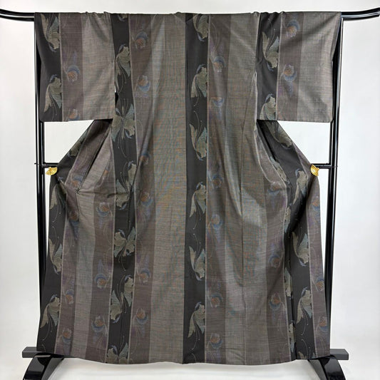 紬織 身長163.5cm 袖長67.5cm L 雙層 蝶 縱條 焦茶 純蠶絲 秀品級