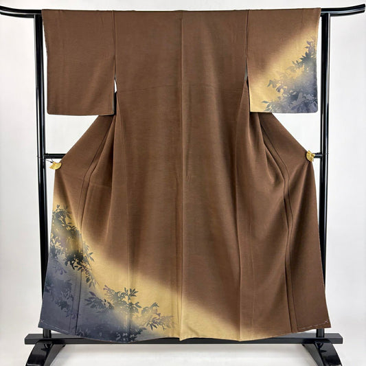 【美品】 付下 身長156.5cm 袖長62.5cm S 雙層 鈴乃屋 輪廓 漸層 茶 純蠶絲 優品級