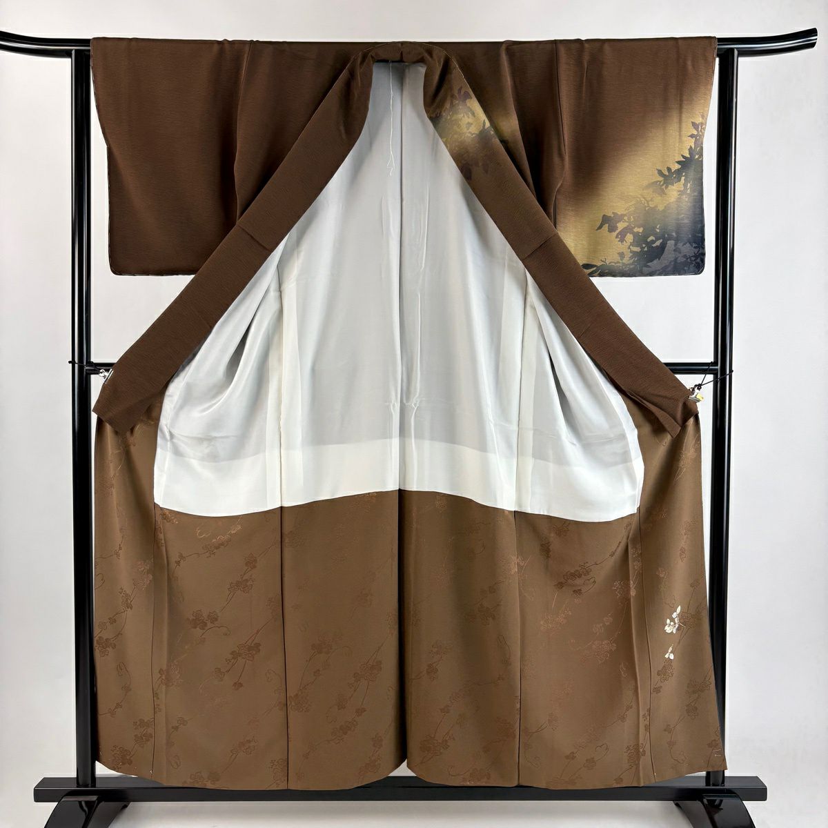 【美品】 付下 身長156.5cm 袖長62.5cm S 雙層 鈴乃屋 輪廓 漸層 茶 純蠶絲 優品級