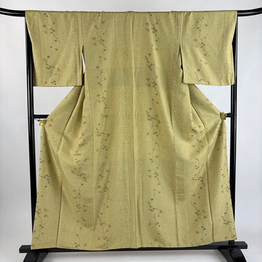 【美品】 小紋 身長157.5cm 袖長67.5cm L 雙層 紬織織 蔦 枝花 薄黃土色 純蠶絲 秀品級