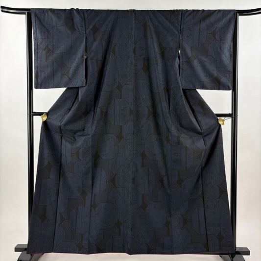 大島紬織 身長161.5cm 袖長64.5cm M 雙層 純泥染 證書附帶 竹子子 龜甲 深藍 純蠶絲 優品級
