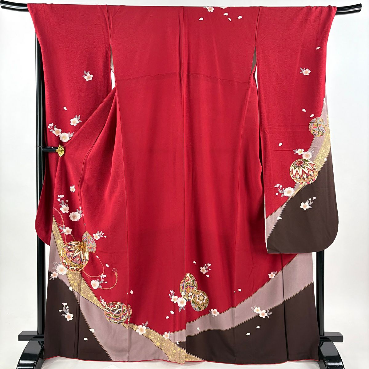 振袖禮服 身長166.5cm 袖長69.5cm L 雙層 手鞠 櫻花 金絲 金銀彩 深紅 純蠶絲 優品級