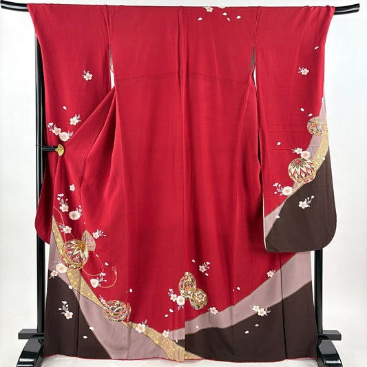 振袖禮服 身長166.5cm 袖長69.5cm L 雙層 手鞠 櫻花 金絲 金銀彩 深紅 純蠶絲 優品級