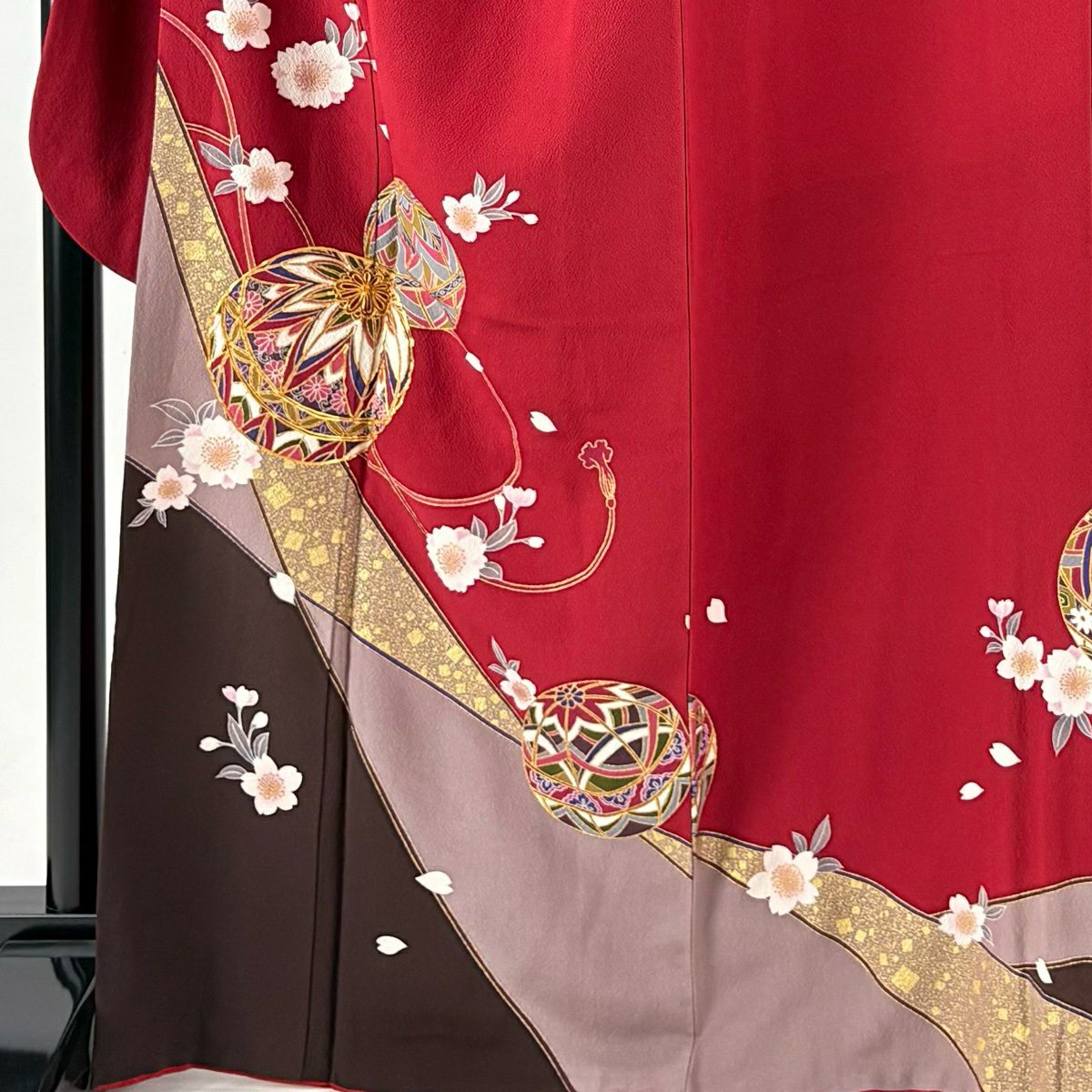 振袖禮服 身長166.5cm 袖長69.5cm L 雙層 手鞠 櫻花 金絲 金銀彩 深紅 純蠶絲 優品級