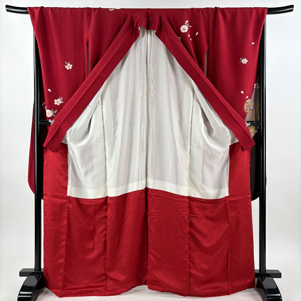 振袖禮服 身長166.5cm 袖長69.5cm L 雙層 手鞠 櫻花 金絲 金銀彩 深紅 純蠶絲 優品級