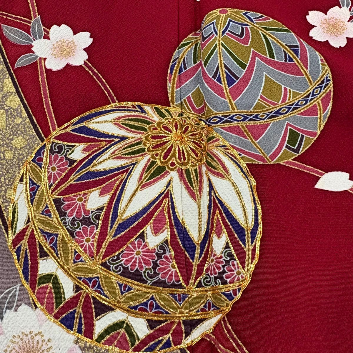 振袖禮服 身長166.5cm 袖長69.5cm L 雙層 手鞠 櫻花 金絲 金銀彩 深紅 純蠶絲 優品級