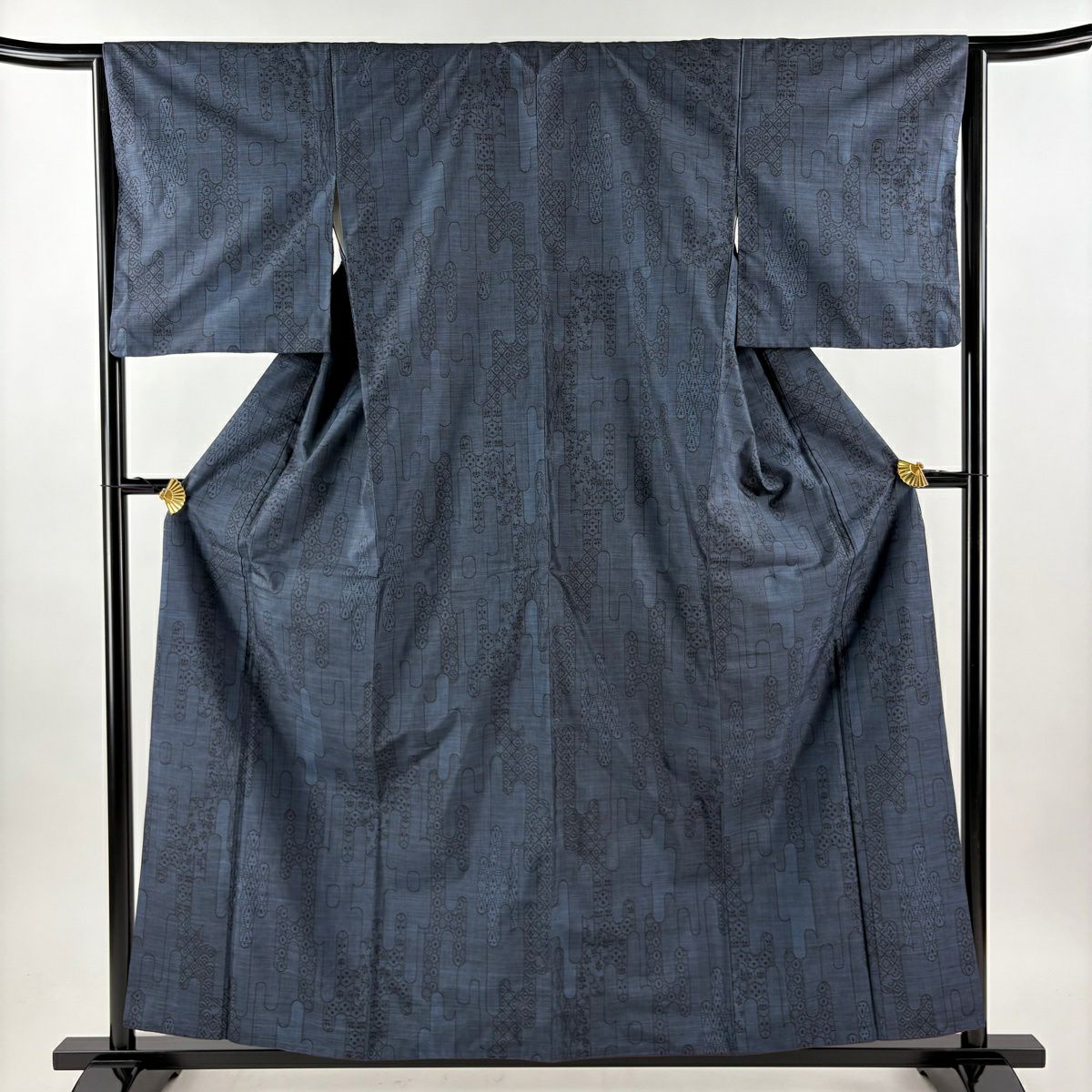 【美品】 紬織 身長158cm 袖長64.5cm M 雙層 壺垂 草花紋紋 深藍 純蠶絲 秀品級