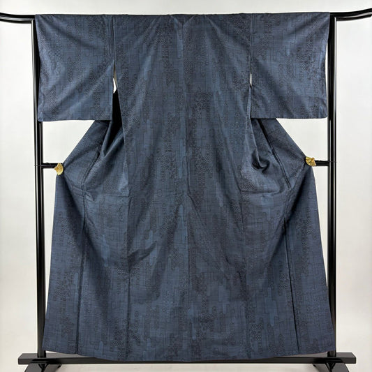 【美品】 紬織 身長158cm 袖長64.5cm M 雙層 壺垂 草花紋紋 深藍 純蠶絲 秀品級