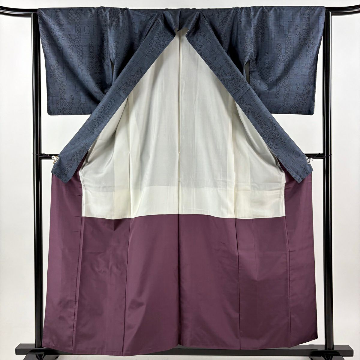 【美品】 紬織 身長158cm 袖長64.5cm M 雙層 壺垂 草花紋紋 深藍 純蠶絲 秀品級