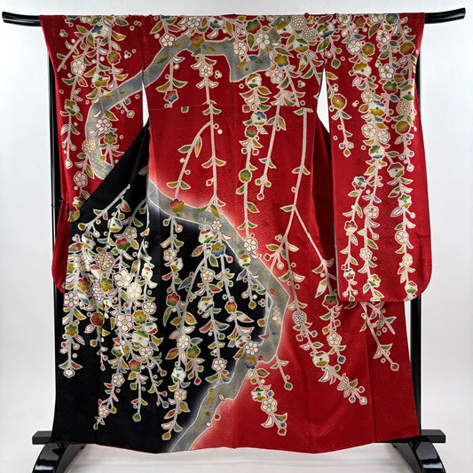 振袖禮服 身長162cm 袖長69.5cm L 雙層 菊花 梅花 金絲 金銀彩 紅 純蠶絲 秀品級