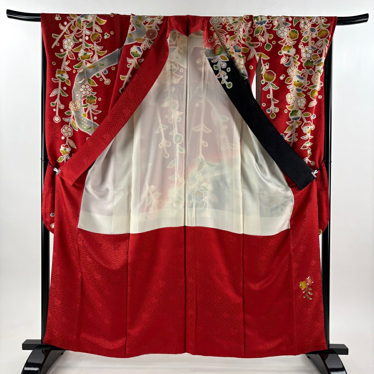 振袖禮服 身長162cm 袖長69.5cm L 雙層 菊花 梅花 金絲 金銀彩 紅 純蠶絲 秀品級