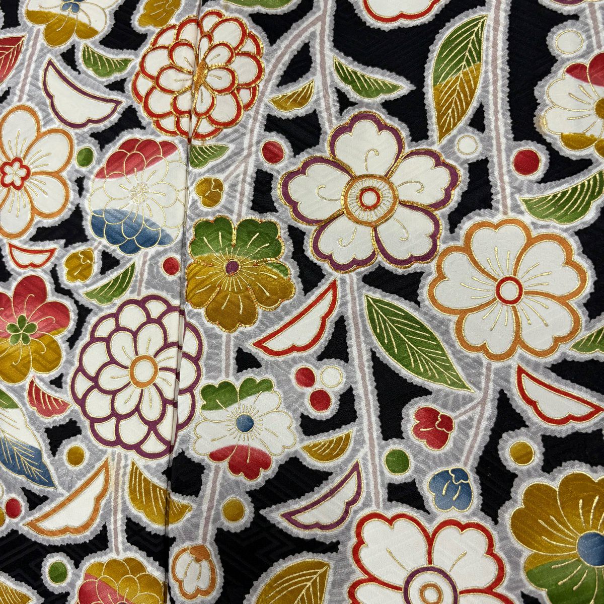 振袖禮服 身長162cm 袖長69.5cm L 雙層 菊花 梅花 金絲 金銀彩 紅 純蠶絲 秀品級