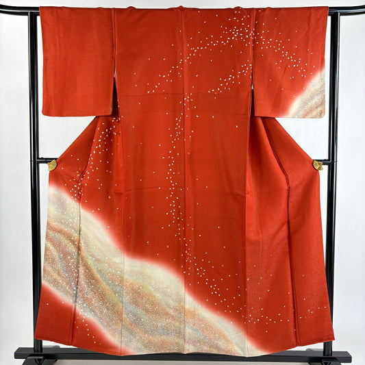 【美品】訪問服 身長155cm 袖長62cm S 雙層 花瓣 波 金通し 漸層 茜 純蠶絲 優品級