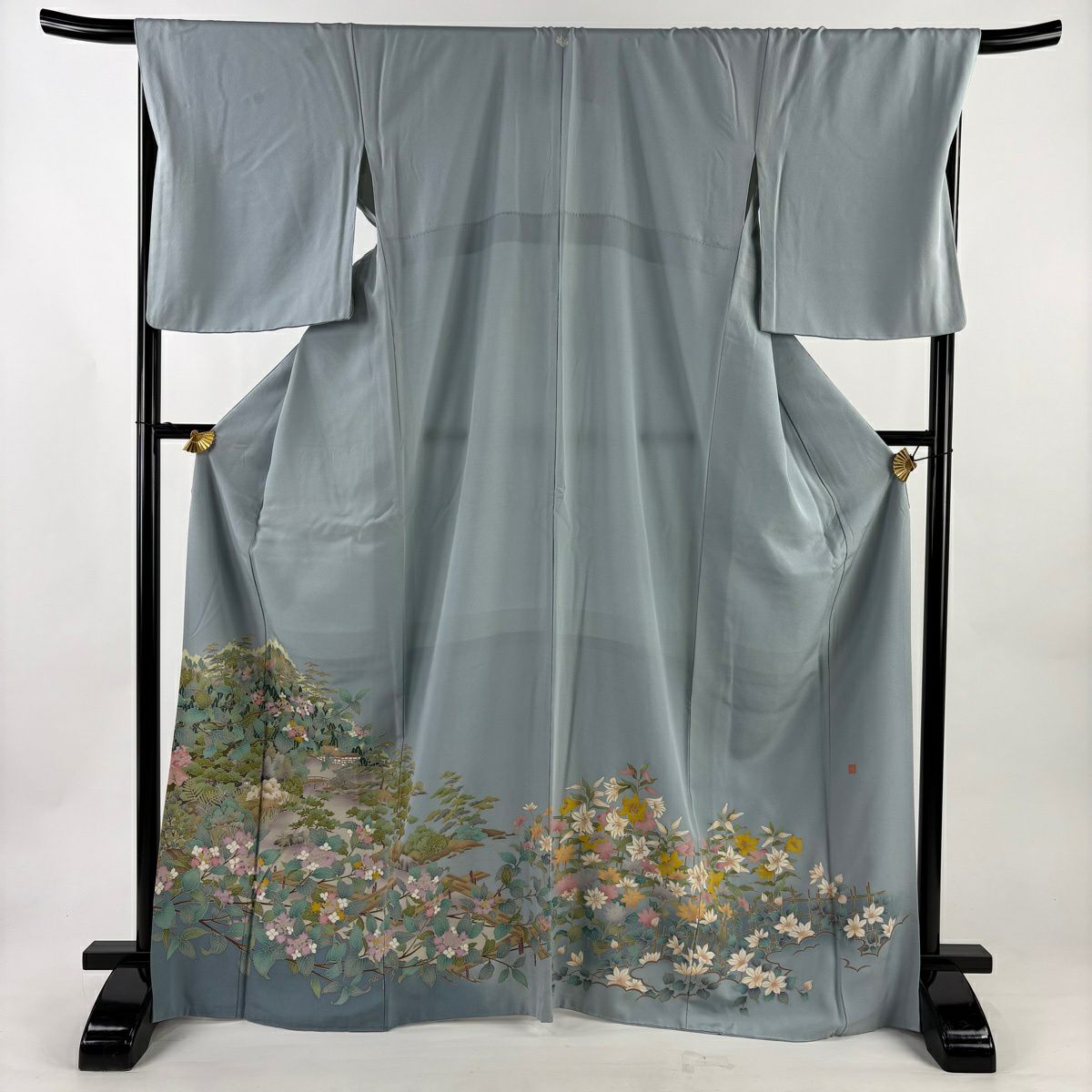 色留袖禮服 身長168cm 袖長69.5cm L 雙層 落款あり 風景 樹木 漸層 青灰 純蠶絲 秀品級 一つ紋
