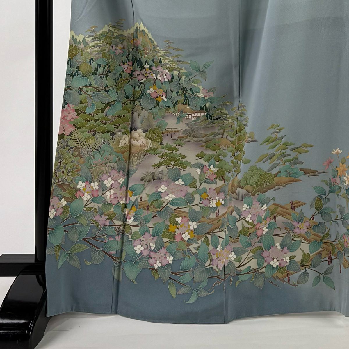 色留袖禮服 身長168cm 袖長69.5cm L 雙層 落款あり 風景 樹木 漸層 青灰 純蠶絲 秀品級 一つ紋