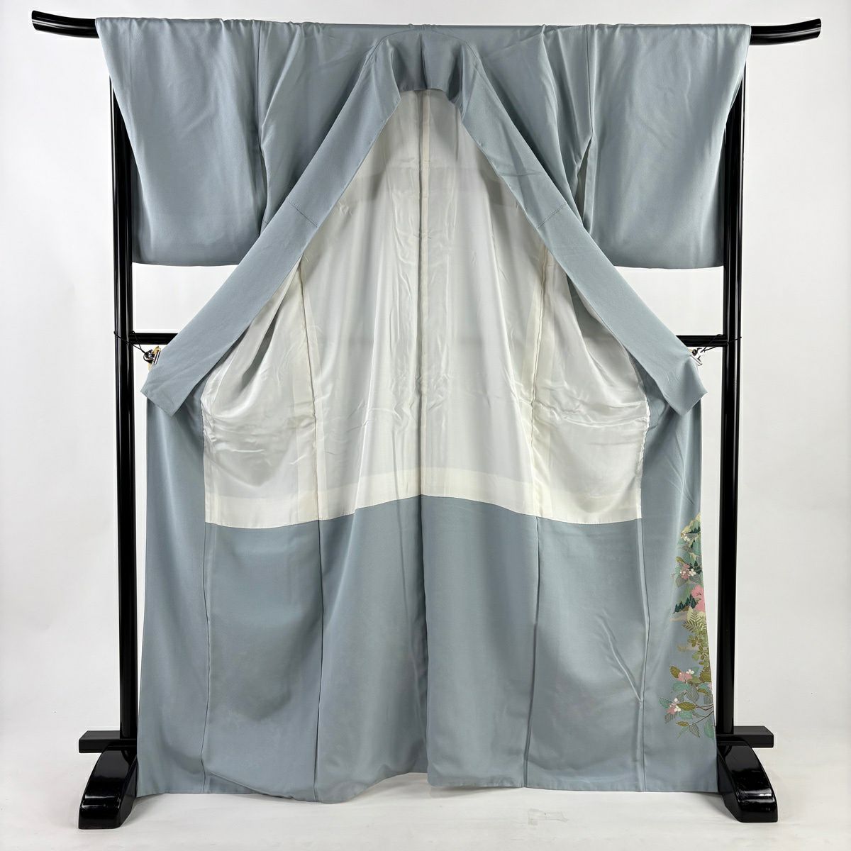 色留袖禮服 身長168cm 袖長69.5cm L 雙層 落款あり 風景 樹木 漸層 青灰 純蠶絲 秀品級 一つ紋