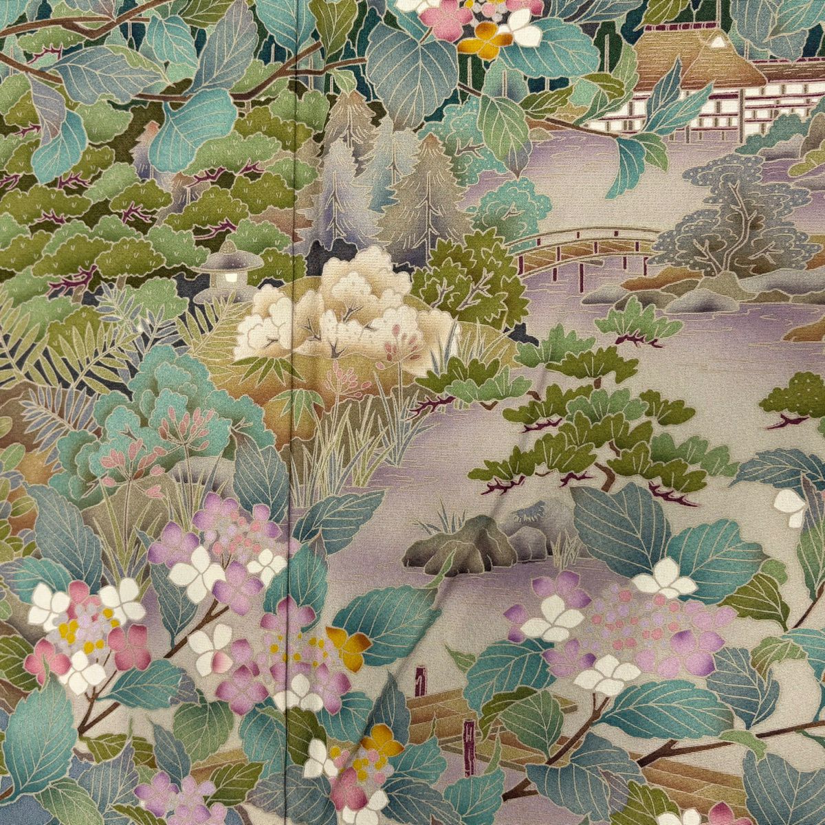 色留袖禮服 身長168cm 袖長69.5cm L 雙層 落款あり 風景 樹木 漸層 青灰 純蠶絲 秀品級 一つ紋