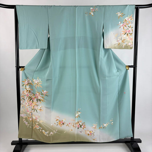 訪問服 身長157.5cm 袖長63.5cm S 雙層 落款 草花紋紋 枝花 漸層 薄綠 純蠶絲 秀品級