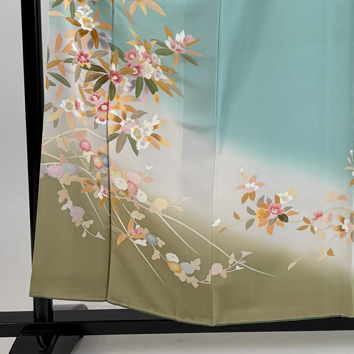訪問服 身長157.5cm 袖長63.5cm S 雙層 落款 草花紋紋 枝花 漸層 薄綠 純蠶絲 秀品級