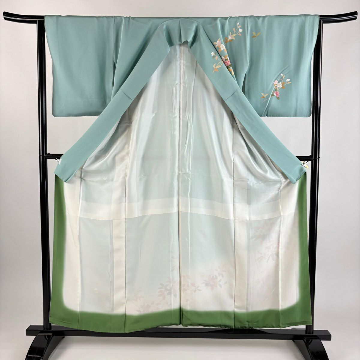 訪問服 身長157.5cm 袖長63.5cm S 雙層 落款 草花紋紋 枝花 漸層 薄綠 純蠶絲 秀品級