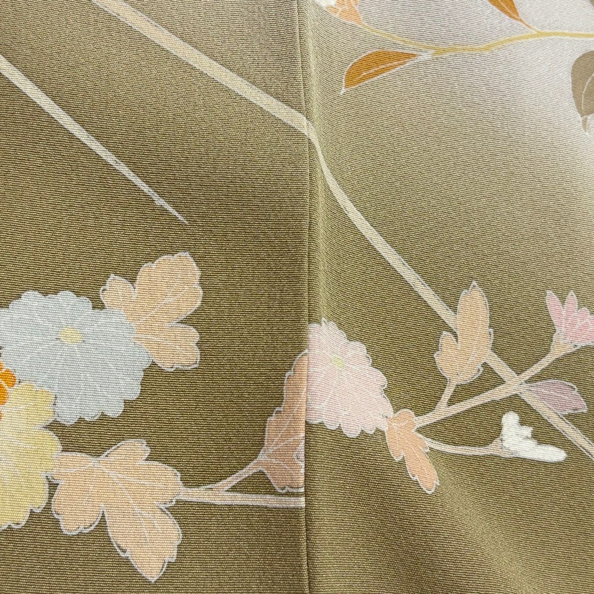 訪問服 身長157.5cm 袖長63.5cm S 雙層 落款 草花紋紋 枝花 漸層 薄綠 純蠶絲 秀品級