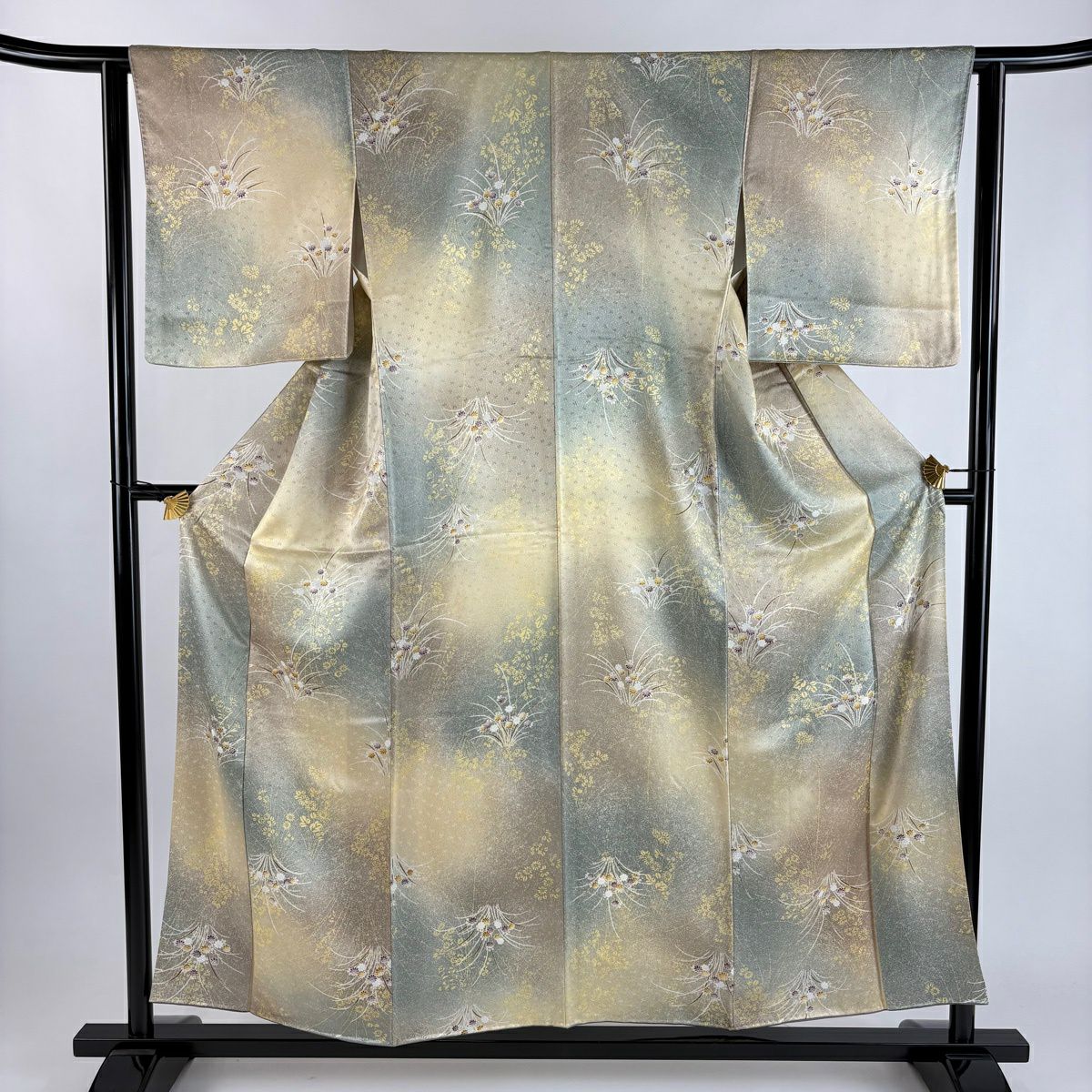 小紋 身長155.5cm 袖長60.5cm S 雙層 菊花 地紋 漸層 米色 純蠶絲 優品級