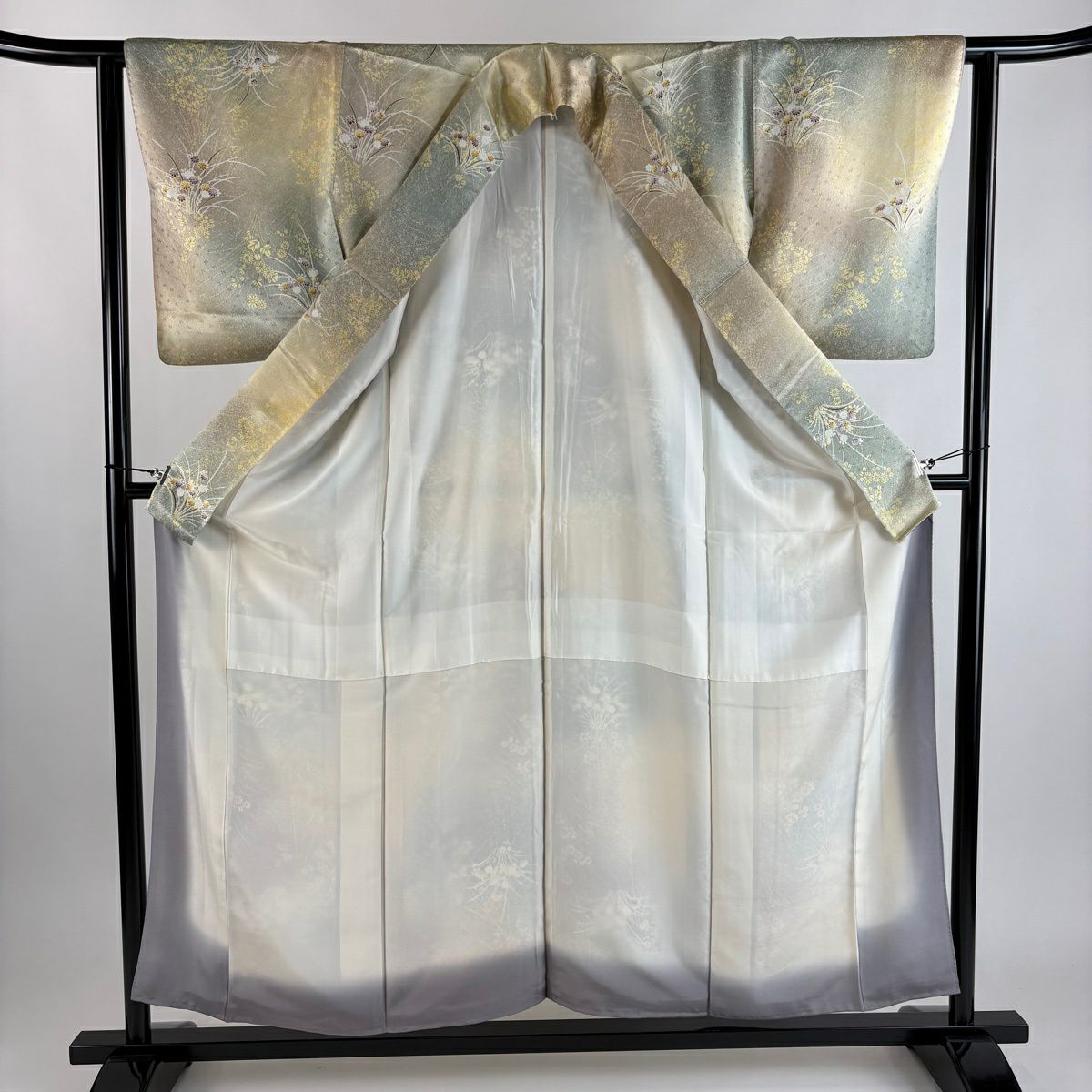 小紋 身長155.5cm 袖長60.5cm S 雙層 菊花 地紋 漸層 米色 純蠶絲 優品級