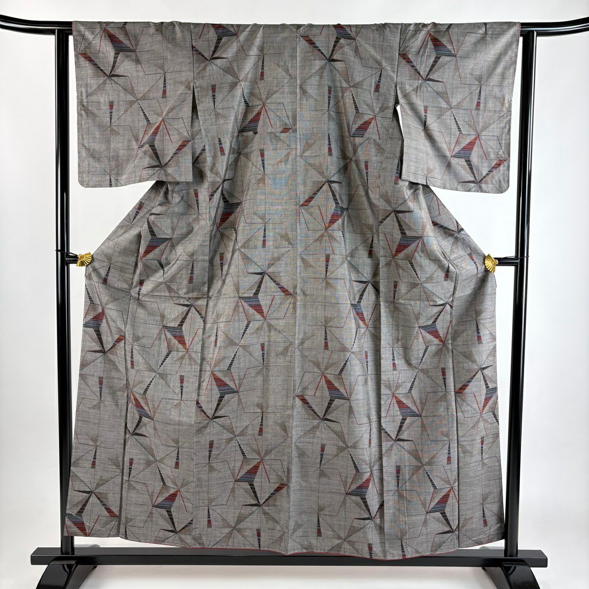 【美品】 紬織 身長156.5cm 袖長62.5cm S 雙層 麻葉紋 縞 灰茶 純蠶絲 優品級